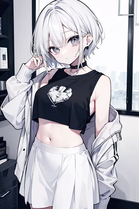  cool girl with short hair、Long, sharp eyes、Earrings、 Simple T-shirt 、 shoulder out、 monotone outfit 、 miniskirt、 belly button out、 white hair、