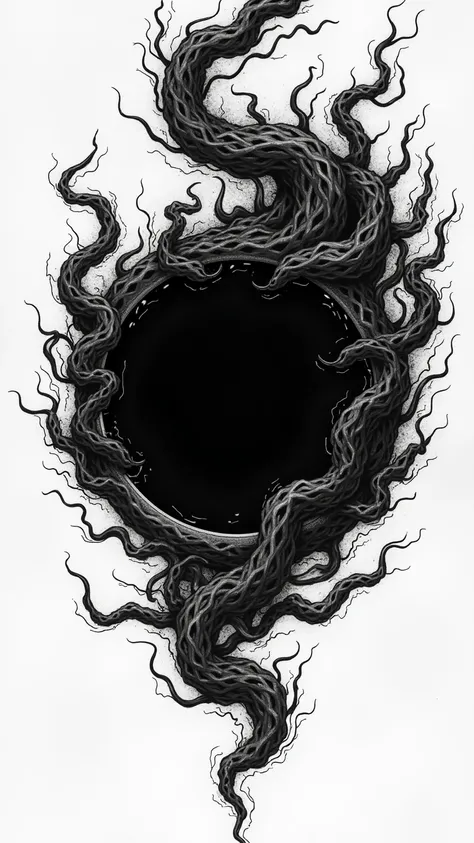 The dark demonic endless energy of demons enveloping the black circle.Black and white tattoo sketch.