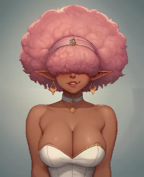 Score_9, Score_8_up, Score_7_up, Score_6_up, 1female, solo, dark skin, elf ears, taller frame, dommy mommy, wide hips, afro pink hair, hair over eyes, shy smirk, blushing, wearing a formal dress, posing, by krekkov, by floox, by ratatatat74, best quality, ...