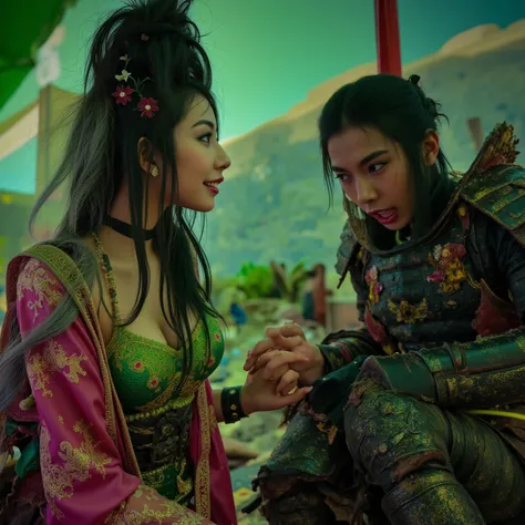 A lovely woman (cute, role of green princess, intricate sexy sheer royal Asian themed robes with intricate embroidery and trim Asian dragon theme, fancy hairdo, magnesium white body paint, blackened teeth, chromatic green makeup high lights and nails), she...