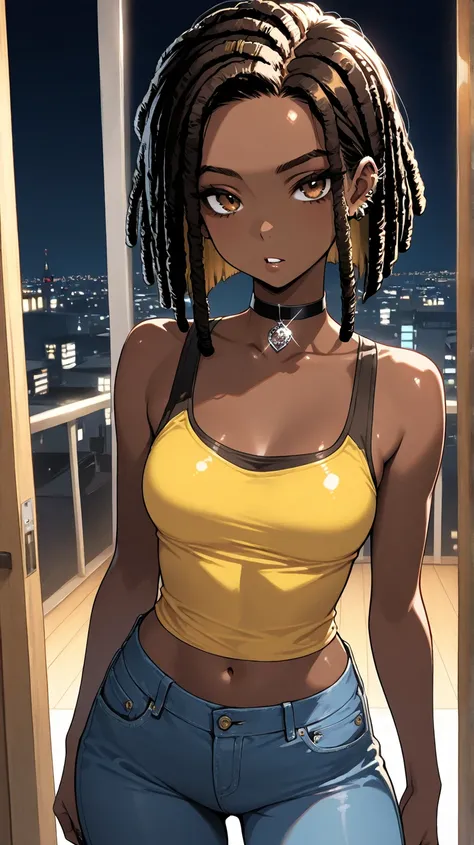 1Girl, Mature, Ebony, African American, Dark Brown Skin, Jet Black Thin Dreadlocks, Medium Straight Dreadlocks In Bob, Shiny Hair, Bright Brown Eyes, Black Nails, Dark Brown Eye Shadow, Medium Chest, Dark Yellow High-Cut Tank-Top, Tight Light Blue Jeans, B...