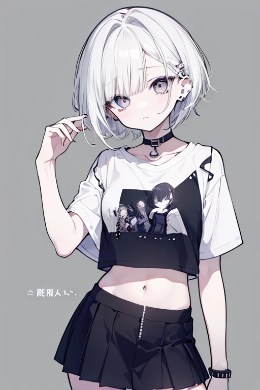  cool girl with short hair、Long, sharp eyes、 lots of piercings、 Simple T-shirt 、 shoulder out、 monotone outfit 、 miniskirt、 belly button out、 white hair、