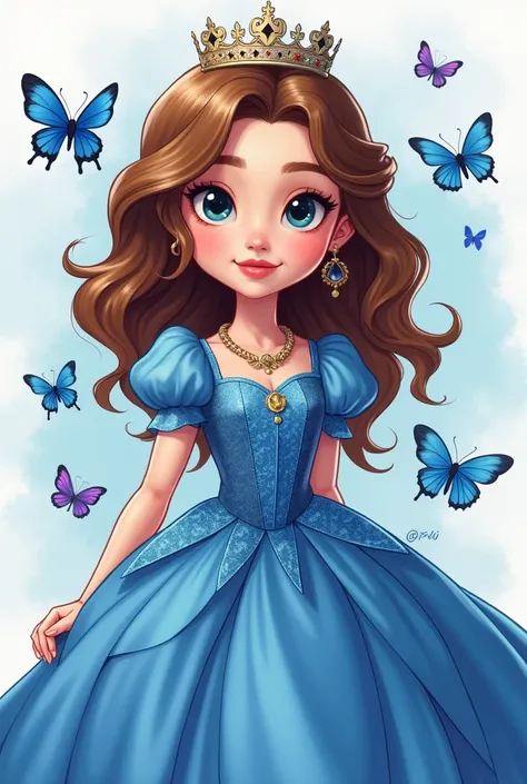  Generate a design that says My XV years Rubi with a 15-year-old girl with white skin light brown hair , wearing a royal blue dress with butterflies in the background and a crown . Let me say my XV years Rubi.