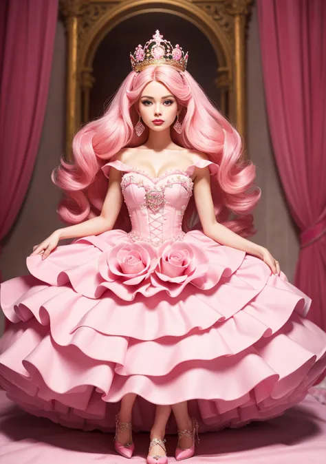  Princess Barbie wearing a pretty pink dress ,  wearing a beautiful crown ,  Interior photograph of a monumental labyrinth, Inflatable pink roses ,  Art installations of Martin Creed , (( full-body shot )),  fondo rosa,  delicate face ,  WHITE LEATHER FUND...