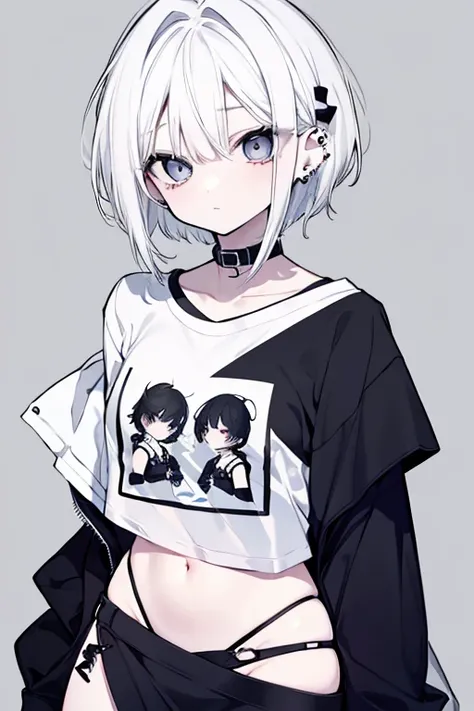  cool girl with short hair、Long, sharp eyes、 lots of piercings、 Simple T-shirt 、 shoulder out、 monotone outfit 、 miniskirt、 belly button out、 white hair、