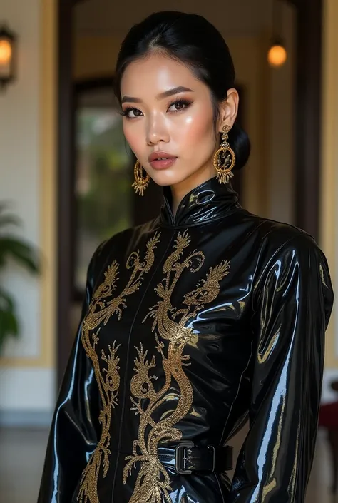 Please create me a pic about the cobra outfits from black plastic bags no mix with gold with Khmer tradition pattern with office wear or formal wear and so creative 
 and sexy make up