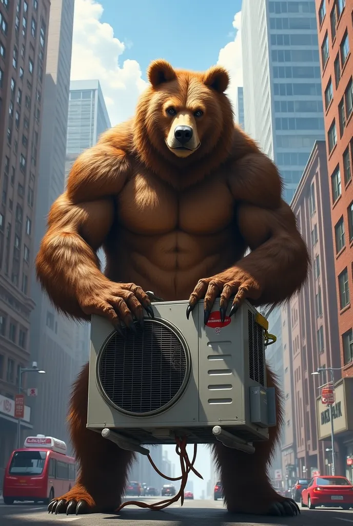 A grizzly bear man installing an air conditioner in the city