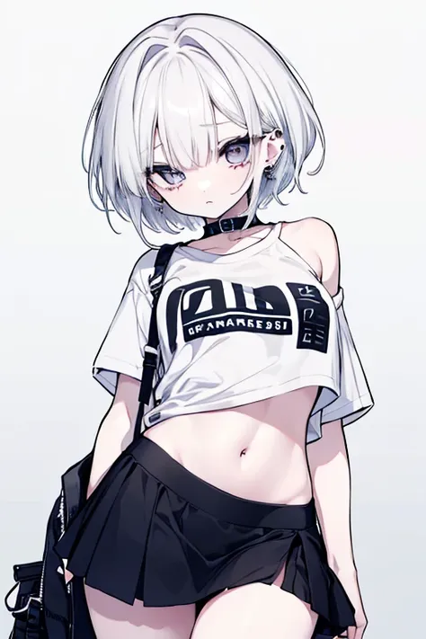  cool girl with short hair、Long, sharp eyes、 lots of piercings、 Simple T-shirt 、 shoulder out、 monotone outfit 、 miniskirt、 belly button out、 white hair、