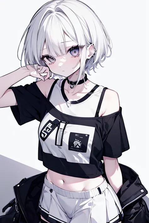  cool girl with short hair、Long, sharp eyes、 lots of piercings、 Simple T-shirt 、 shoulder out、 monotone outfit 、 miniskirt、 belly button out、 white hair、