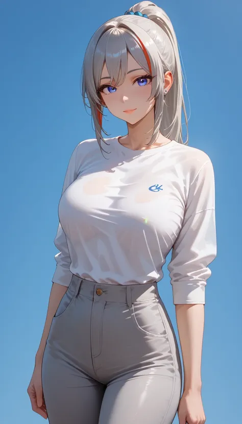 masterpiece, extremely detailed,4k,solo,1girl,adult ,((fullbody)),zhu yuan,ponytail streaked hair,slim body, sexy legs,perfect body,large breasts,housewife,grey short pants, oversize white tshirt,soft light, high detailed, best quality, upper body,, blue p...