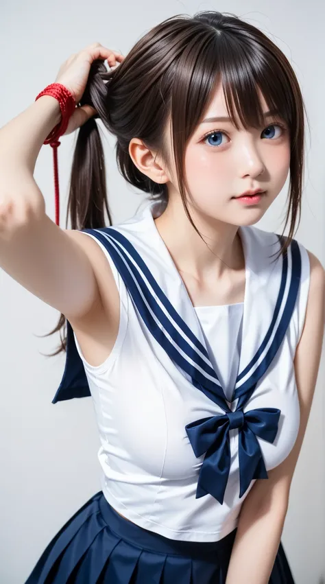 (((( Japanese sailor girl middle school student、round face、 sailor collar ))))、((((((Tying up hair))))))、 close-up face、  look,  open your mouth,  blue eyes,  bangs between your eyes,  Navy Blue Ruffle Skirt、sailor red ribbon、Cat ears, Beautiful messy hair...