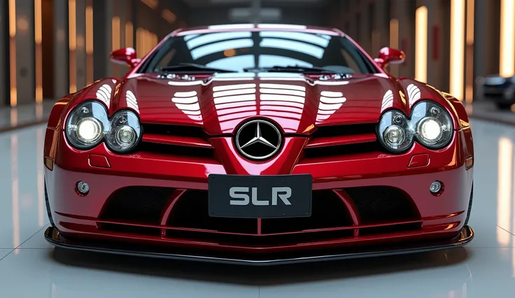 create an ultra-detailed 3D render close front bumper view , of a modern Mercedes SLR McLaren with a bold design captured from straight front bumper view. The car should feature a 'wine red' exterior with a Mustang logo on its front, a n ultra detailed gri...