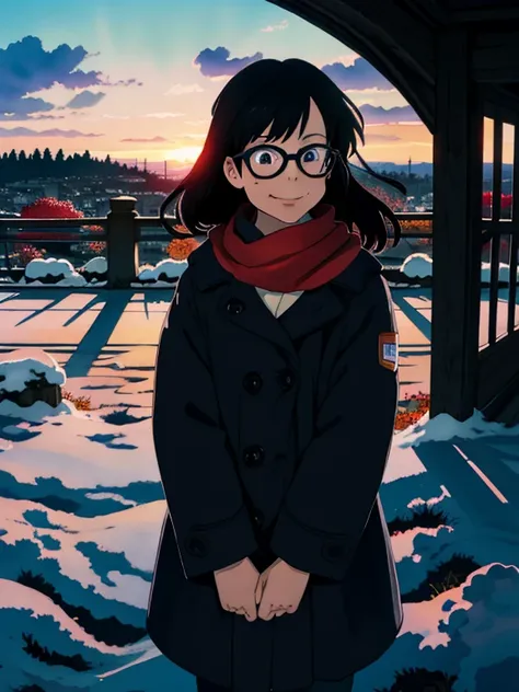  masterpiece， top quality，  nothing  ，( Super Flats ，Flat shade  )， Fisheye ，Glasses，  beautiful black hair，beautiful cute petite mother and cute little daughter:1.2， warm scarf  ， down jacket，(naked)，  long hair，smile, smile，   White Breath，A park with a ...