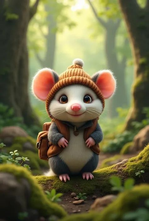 I want the image of a sweet and plump tender possum with bright eyes and with her hat and a backpack, preferably BB with a forest cover 