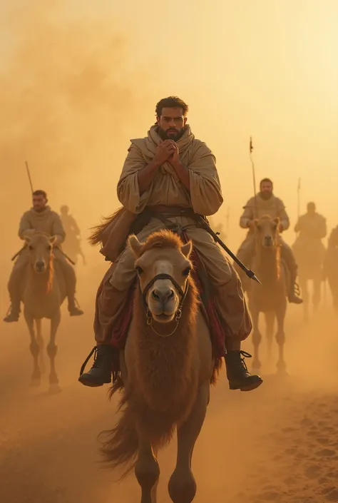 High realism, super quality, action photography style, ultra HD resolution, no fantasy, sci-fi or anime elements. Persian Empire and Ancient Egypt. Medium shot of a Persian soldier trying to survive on his camel in the middle of a raging sandstorm. His eye...