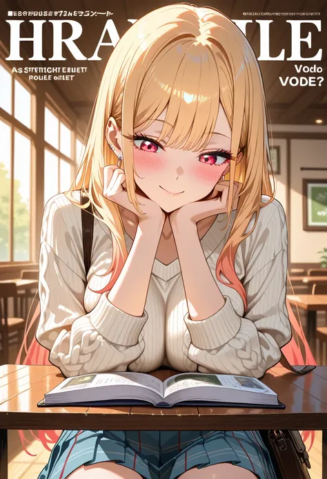 Marin Kitagawa, sitting at a stylish café, casually reading the menu, lightly resting both arms on the table, looking down with a thoughtful expression, long sleek blonde hair softly framing her face, light pink ombre hair, red eyes, earrings, stylish silv...