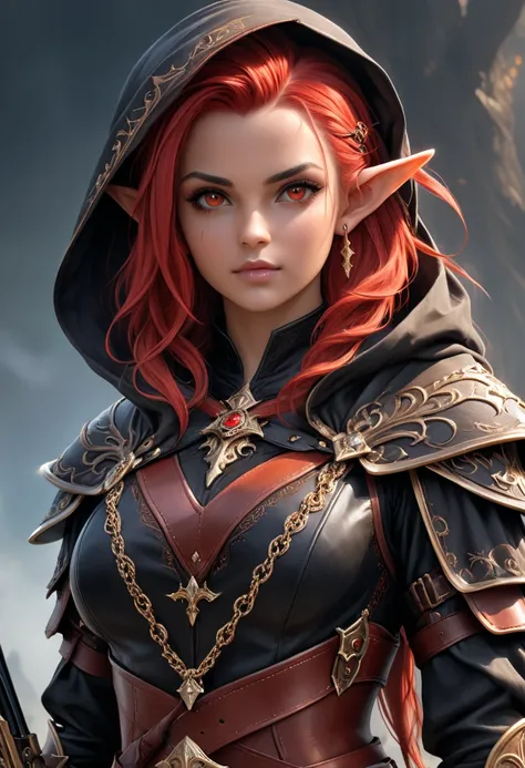 a dark elf elementalist with red undercut hair red eyes , with a flintlock pistol leather armor withba hood and à cloak black , (absolutely resolution AND ultra detailed AND incredibly absurdres AND highly detailed texture AND lively realistic artworks AND...