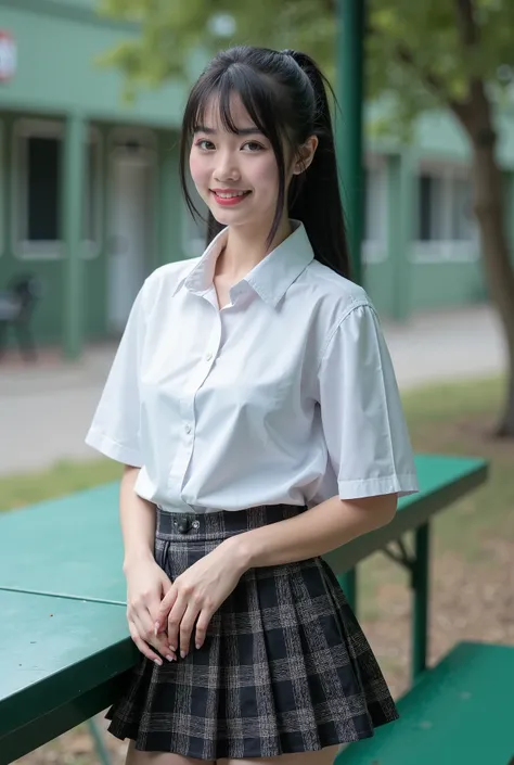 Real photos High-quality Realistic of thai woman, Beautiful girl (((large breast , big breast , nsfw))) , Best Quality, 20 years old thai girl in a school uniform astanding near a green metal table,  She is wearing a white shirt(((large breast , big breast...