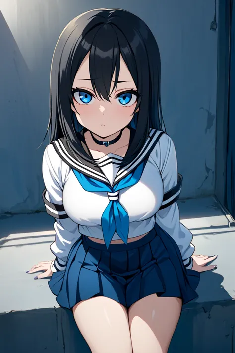 Takagi wearing white sailor shirt and blue skirt and choker, black hair, blue eyes, emo, eye shadow, busty, thighs