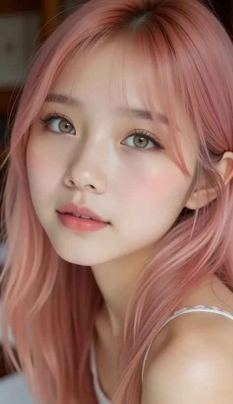 A breathtakingly beautiful young woman with silky, gently wavy pink hair that frames her face elegantly. Her skin glows with a radiant, almost ethereal luminescence, enhancing her delicate yet striking features. Her makeup is sophisticated yet seductive, w...