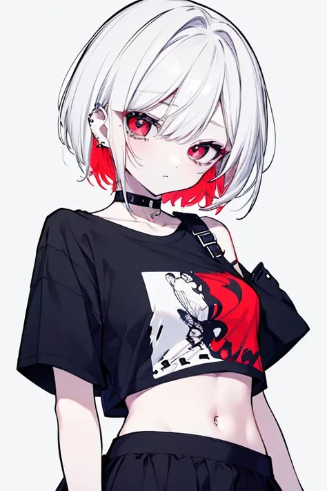  cool girl with short hair、Long, sharp eyes、 lots of piercings、 Simple T-shirt 、 shoulder out、 monotone outfit 、 miniskirt、 belly button out、 red eyeshadow 、 color gimmick、 white hair、