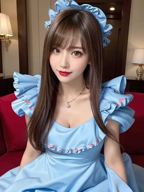 (Highest quality、((fullbody1.9))、8k、Best image quality、Award-winning works)、(One Girl, :1.3)、(The outfit is a sky blue frilled dress:1.9)、(Red eyeshadow:1.2)、Perfect Makeup、Long eyelashes、Ultra-high definition sparkling eyes、Ultra HD Hair、Ultra-high resolu...