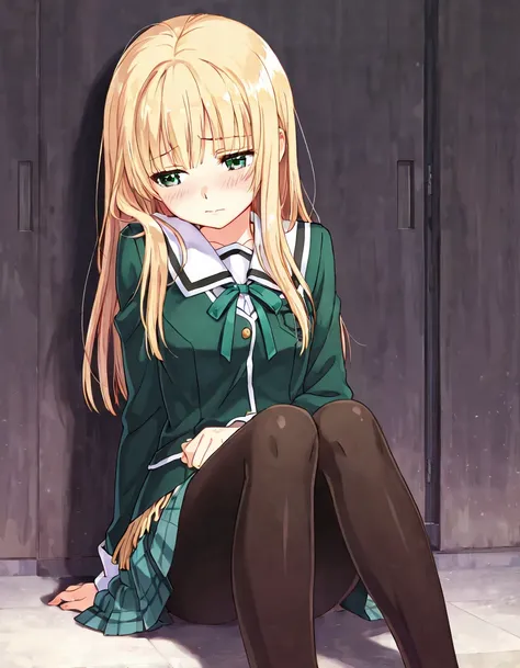  1 woman,  shy, blonde,  green eyes,  long hair, fringe,  high school uniform  ,  looking sad,  pantyhose, school