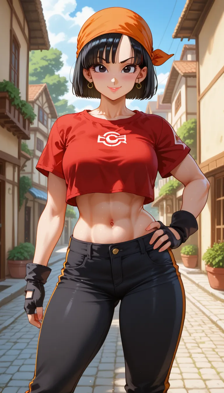 1 eighteen year old girl, Realistic 1.2, perfect face, perfect eyes, pan dragon ball gt, black eyes, black hair, short hair, orange bandana, pants, fingerless gloves, red shirt, crop top, outdoor, vfx (Visual Effect) highlights the intricate anatomical fea...