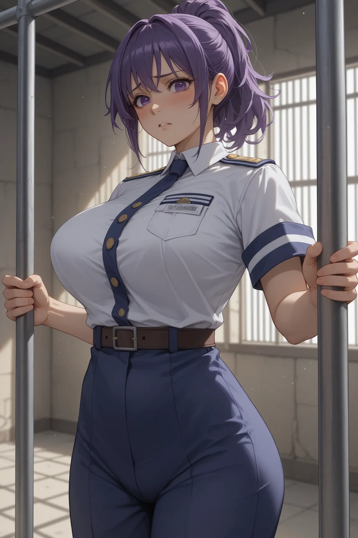 karyyn , high image quality,HD、 anime style

カリンズプリズンのカリン

黒色の看守服、 shiny guard uniform with empty chest、 purple hair、 shortcuts、 big breasts、valley、 big ass、 toned body、 purple eyes、 Slender, anime style、illustration style
Prison 、cage、The background has P...