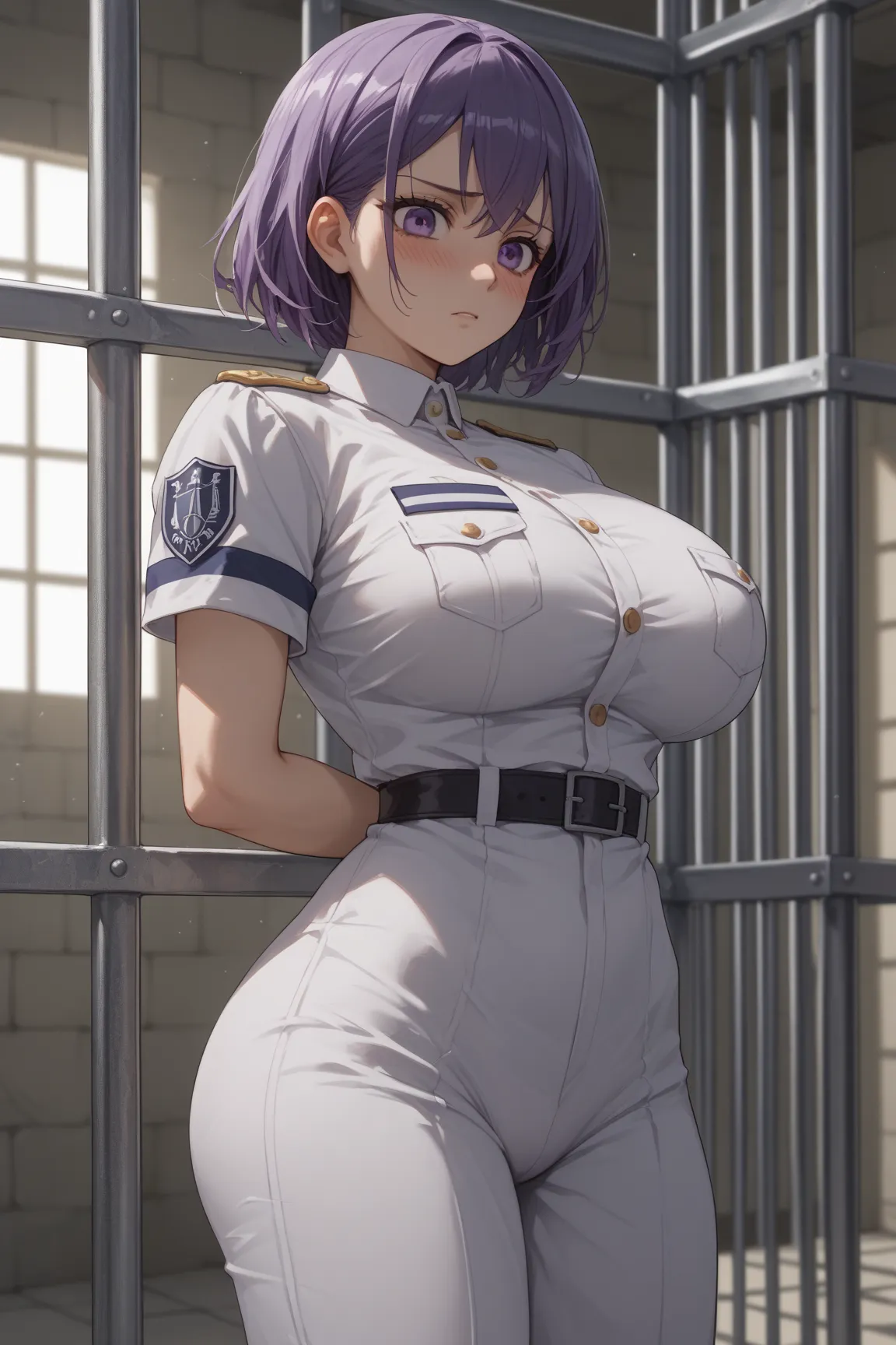 karyyn , high image quality,HD、 anime style

カリンズプリズンのカリン

黒色の看守服、 shiny guard uniform with empty chest、 purple hair、 shortcuts、 big breasts、valley、 big ass、 toned body、 purple eyes、 Slender, anime style、illustration style
Prison 、cage、The background has P...