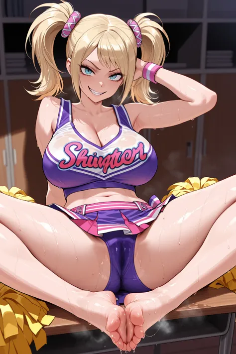 (8k),sharp focus,highres,1girl,solo,full body,(high quality:1.2),(high detail:1.2),(masterpiece:1.2),(extremely detailed:1.2) juliet starling,twintails,cheerleader,midriff,crop top,wristband,cleavage,large chest,sweaty,bimbo,in the school,visible tits,feet...