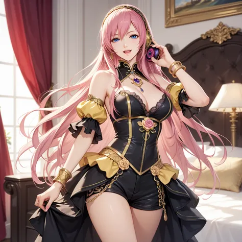 masterpiece,Detailed and beautiful depiction 1.1,Official Art,Beautiful adult woman ,Megurine Luka,Megurine Luka's official costume,headphone,Black costume with gold decoration,Pink long hair,blue eyes,smile,Open your mouth,Mr.々A seductive pose,She lifts h...