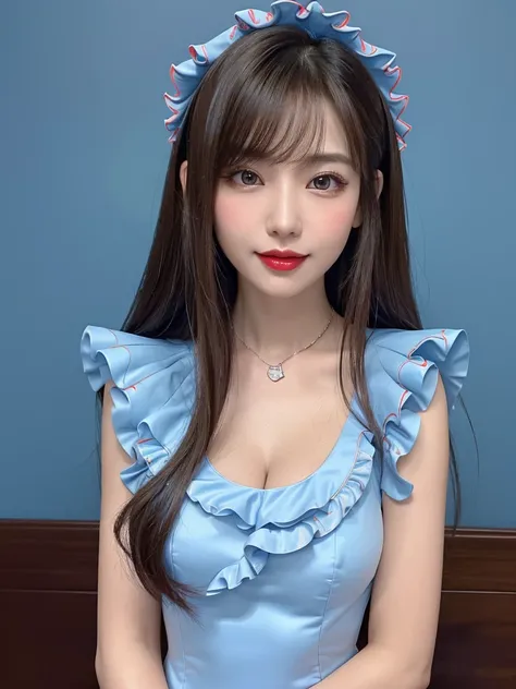 (Highest quality、((fullbody1.9))、8k、Best image quality、Award-winning works)、(One Girl, :1.3)、(The outfit is a sky blue frilled dress:1.9)、(Red eyeshadow:1.2)、Perfect Makeup、Long eyelashes、Ultra-high definition sparkling eyes、Ultra HD Hair、Ultra-high resolu...