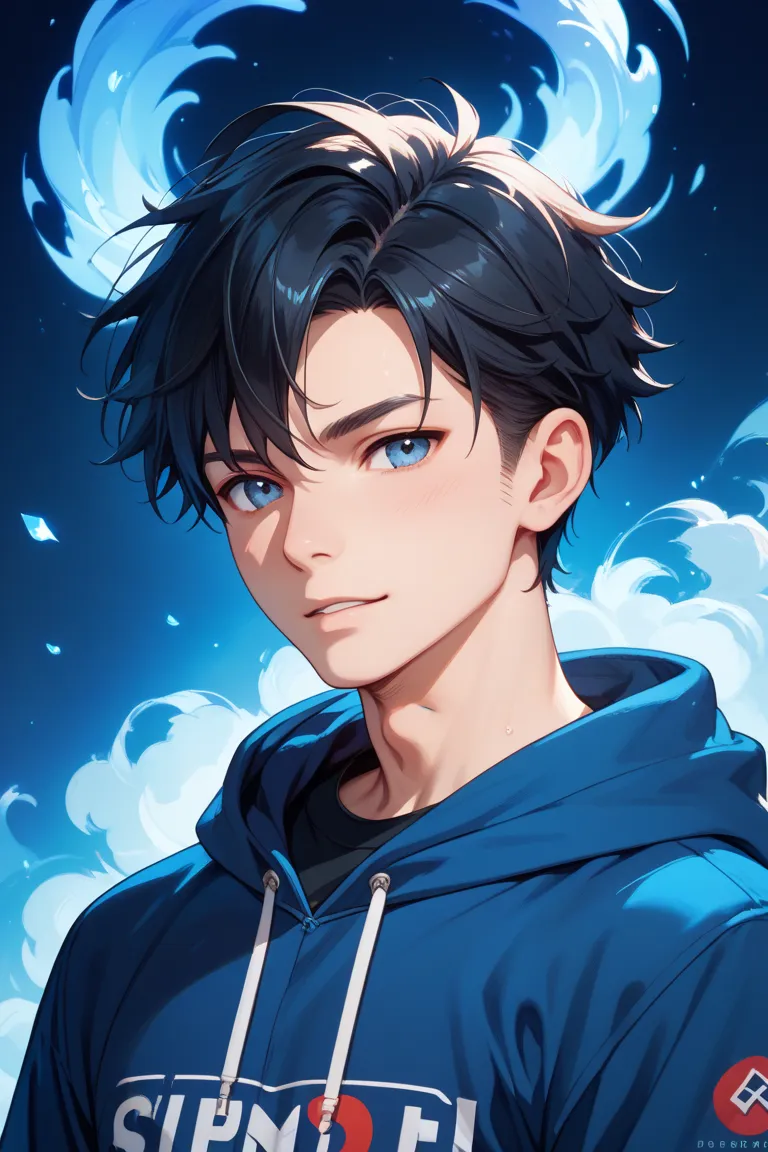 The Boy Who Handles Magical Powers, Blue Hoodie, Blue Aura, Black Hair, 