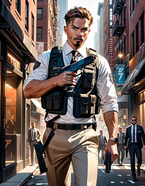 (masterpiece), highly detailed, (best quality), high quality, 4k, 1boy, (solo, solo focus), adult male, mid-thirties age male, secret agent, (white suit t-shirt, tactical vest), sleeves rolled up, black necktie, shoulder holster, brown slacks, black dress ...