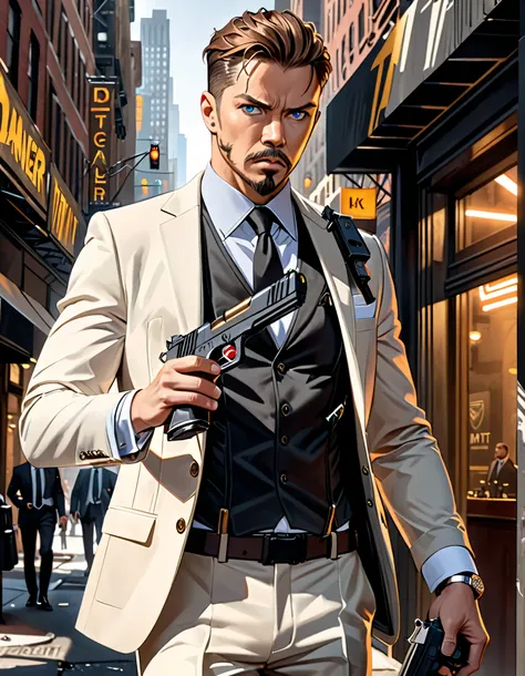 (masterpiece), highly detailed, (best quality), high quality, 4k, 1boy, (solo, solo focus), adult male, mid-thirties age male, secret agent, (white suit t-shirt, tactical vest), sleeves rolled up, black necktie, shoulder holster, brown slacks, black dress ...