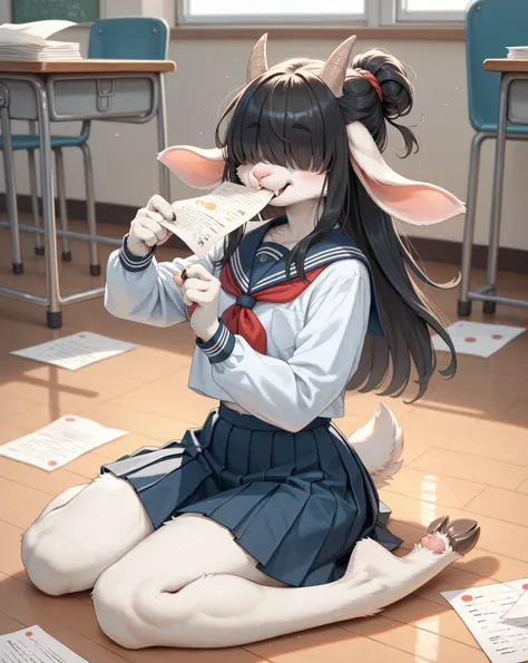 school girl , furry female goat , geek , Introvert , long hair , bangs , hair over eyes , school uniform , bold action , ballet pose , sit on floor , eat paper , 1 paper on mouth , (blow job:0.7)