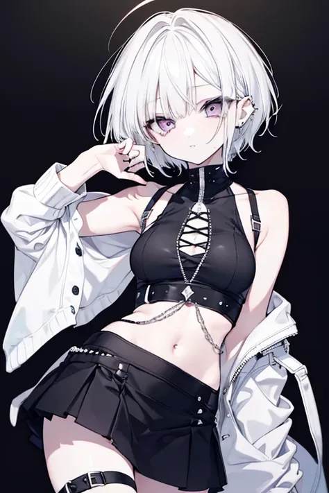  cool girl with short hair、Long, sharp eyes、 lots of piercings、 sleeveless、 shoulder out、 monotone outfit 、 miniskirt、 belly button out、 white hair、