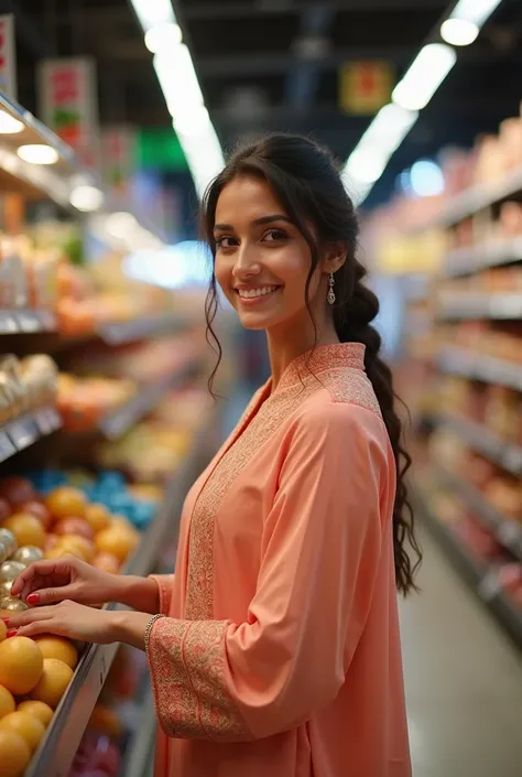 Hd image of lady sales staff in kerala hypermarket, wearing peach kurti