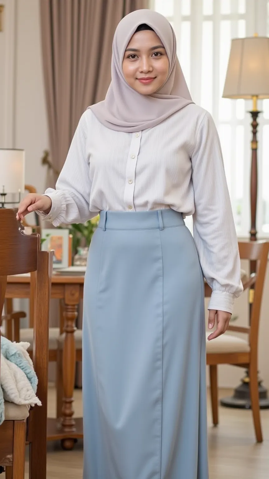 Realistic shot. 1 female, malay female, in a tight white button shirt and thin long skirt, wearing a hijab, hijabi, perfect body. Perfect hourglass body. Very young face. Slim girl with a soft face. In her living room., long sleeves. Malay girl. Younger fa...