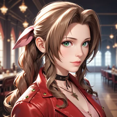 ff7r style, aerith gainsborough, 1girl, solo, realistic, green eyes, brown hair, long hair, blurry, looking at viewer, red jacket, jewelry, blurry background, necklace, choker, jacket, portrait, lips, ribbon, hair ribbon, bow, nose, closed mouth , ((master...