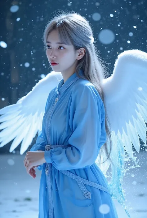 imperial water，A magician，silver hair ,blue eyes,wearing shining loose dress,wearing Blue Silk Robe，Mysterious magical formations， blue glitter，huge white wings，Powerful Ice Magic， snow rising over the landscape，Blue light cold light，wind,ultrahigh-resolut...