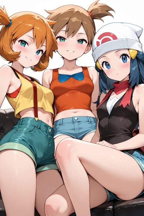 masterpiece,best quality,4girls,(misty (pokemon),side ponytail,green eyes,orange hair),(may (pokemon),bandana,brown hair,blue eyes),(dawn (pokemon),long hair,blue hair,beanie),(serena (pokemon),short hair,brown hair,hat,blue eyes),sitting,looking at viewer...