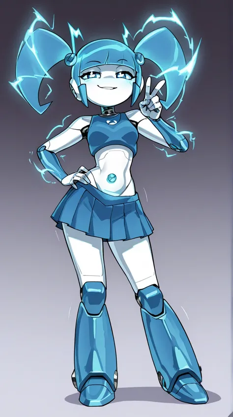 [Character Identity]
Jenny Wakeman (My Life as a T.e.e.n.a.g.e Robot) 
1girl, robot girl, humanoid robot, android. 
[Appearance]
metallic white skin with faint blue undertones, blue synthetic hair (blunt bangs, pigtails, bolts connecting them to head), glo...