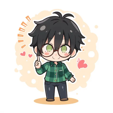 Make a cute chibi out of a black-haired boy, short with bangs,  wears round glasses,  green eyes, Wear a green plaid shirt. Make him cute . Do it standing, Raise one hand pointing your finger ( smooth bottom ) (anime) 