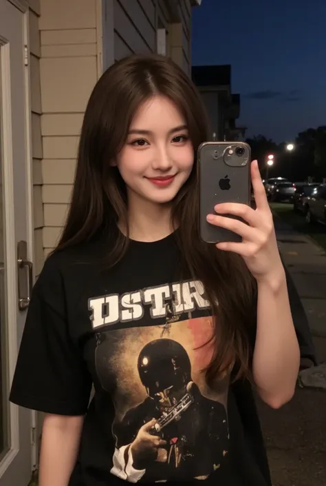 High Resolution,  1girl , Photo of a woman.was taking a dicermin selfie ,,the distro supreme shirt is holding an iPhone,  smile facial expression , in the outside of the house guest, night weather ,Mobile Faces Itself