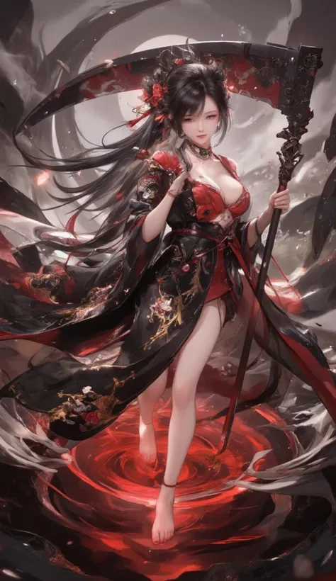 An artistic and abstract depiction of a female swordsman with jet-black, straight, long hair, standing above a mesmerizing pool of crimson energy that radiates dynamic waves. She wields a massive blood-hued scythe, its aura intertwining with the swirling p...