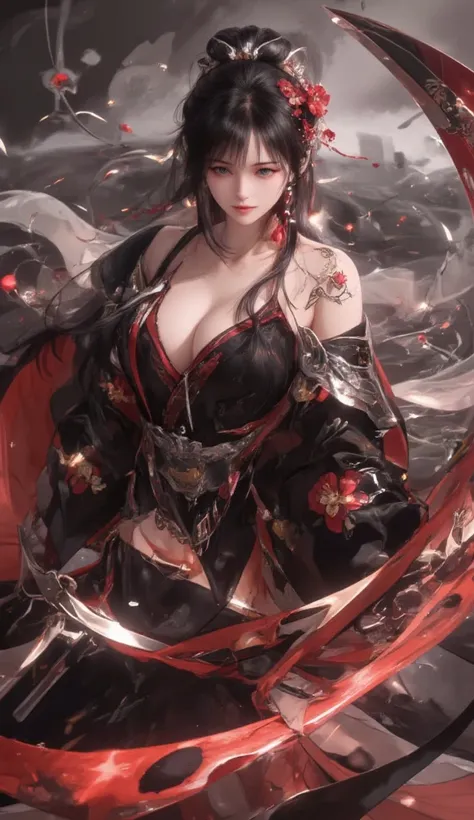 An artistic and abstract depiction of a female swordsman with jet-black, straight, long hair, standing above a mesmerizing pool of crimson energy that radiates dynamic waves. She wields a massive blood-hued scythe, its aura intertwining with the swirling p...