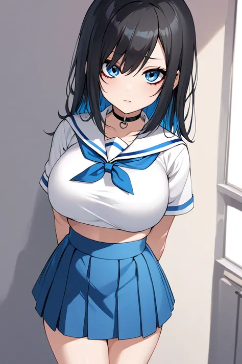 Takagi wearing white sailor shirt and blue skirt and choker, black hair, blue eyes, emo, eye shadow, busty, thighs, small waist