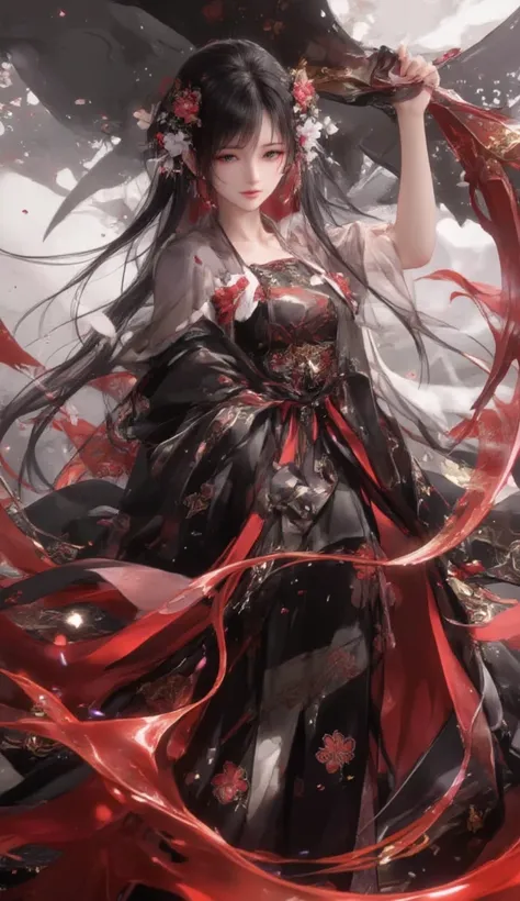 An artistic and abstract depiction of a female swordsman with jet-black, straight, long hair, standing above a mesmerizing pool of crimson energy that radiates dynamic waves. She wields a massive blood-hued scythe, its aura intertwining with the swirling p...